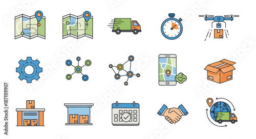 A collection of colorful hand-drawn icons representing logistics delivery and supply chain management concepts.