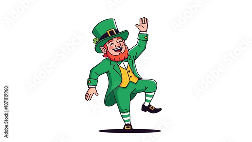 Happy Leprechaun Dancing in Green Costume with Top Hat and Clover, St. Patrick's Day