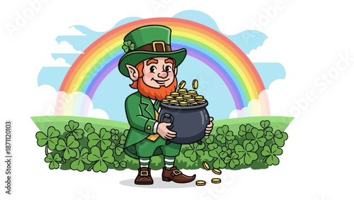 Leprechaun Holding Pot of Gold with Rainbow and Clover Field