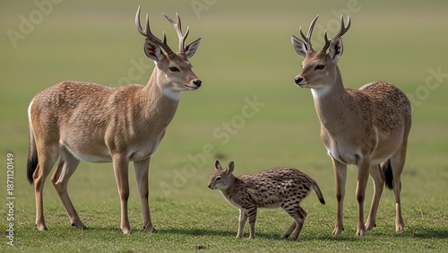 Two adult deer with young fawn.