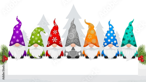 Fotografie Seven Cute Gnomes with Festive Hats and Unique Patterns in a Winter Scene