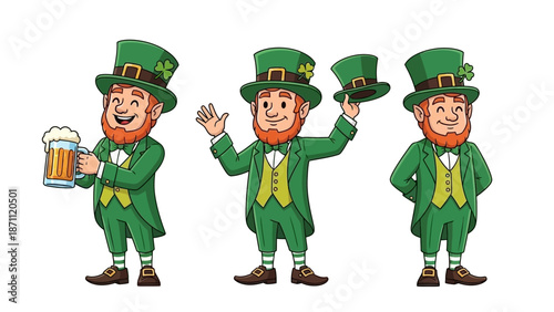Three Cartoon Leprechauns in Green Outfits Celebrating St. Patrick's Day