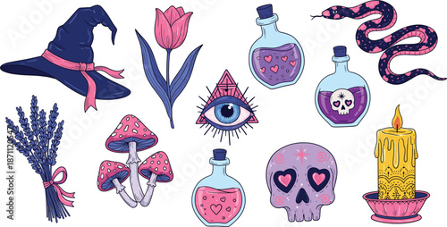 Hand drawn mystical magic vector illustration set featuring witch hat, poison potions, crystal eye, skull, snake, mushrooms, and lavender for esoteric bohemian spiritual branding.