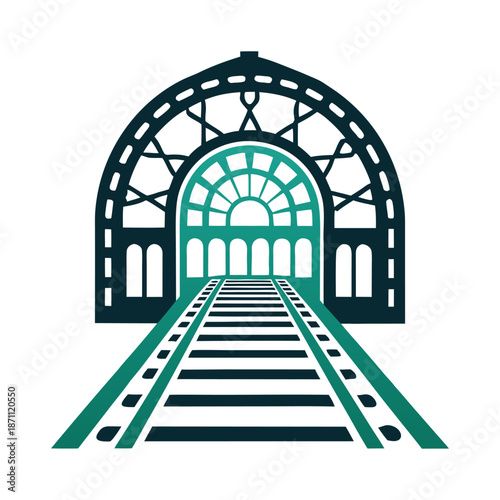 Railway Station Arch and Tracks Vector Illustration