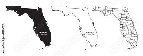 Three black and white illustrations of florida state map in different styles for design and educational use with vector and graphic and travel