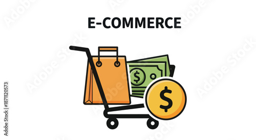 E-commerce concept icon with a shopping cart paper bag and dollar currency.