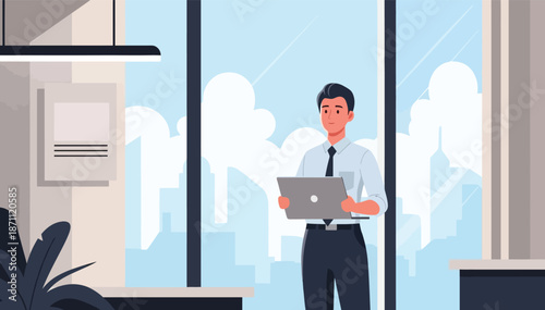 Businessman standing holding laptop in modern office with large window bright city view and blue sky