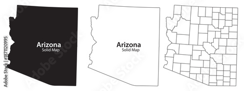 Arizona state map in black and white with county lines illustrated in three styles with illustration and USA and geography and cartography and vector