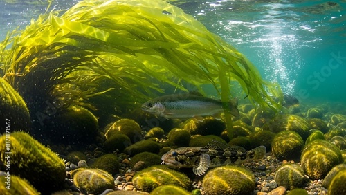Underwater scene with green seaweed and rocks.
