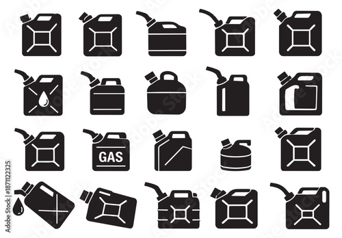 Silhouette icon gas can set featuring various shapes and designs including a fuel drop and 'GAS' label for automotive and energy concepts