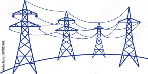 High voltage power transmission towers illustration, blue electric grid infrastructure, energy distribution lines, industrial utility concept