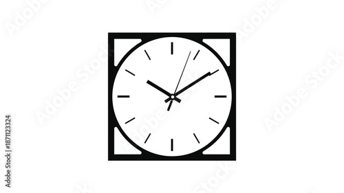 A minimalistic black and white square clock face a striking silhouette