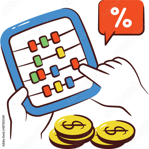 Child learning to count with abacus and coins, interest concept