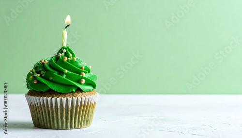 A single cupcake, decorated with green frosting and sprinkles, a lit candle atop. White surface and a pale-green background