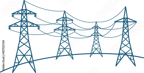 High voltage power transmission towers illustration, teal electric grid infrastructure, energy distribution lines, industrial utility concept