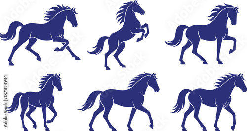 Horse silhouette illustration set, blue running rearing walking stallion poses, vector animal collection isolated