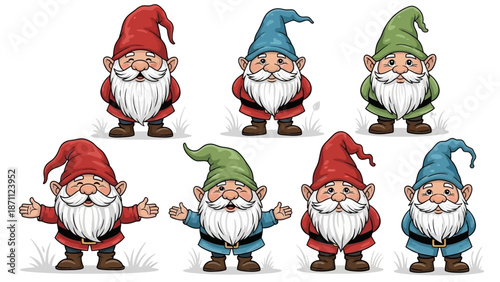 Collection of Seven Cartoon Gnomes with Different Colored Hats and Expressive Poses