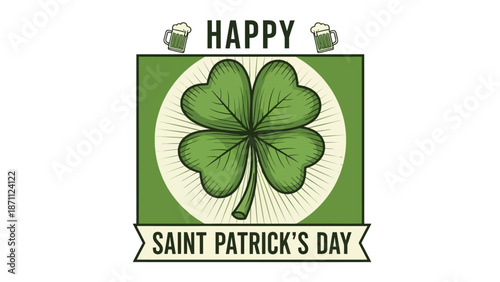 Happy Saint Patrick's Day clover illustration with beer mugs and festive banner