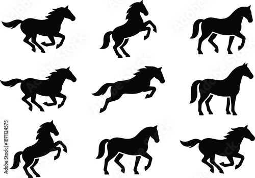 Horse silhouettes set, black running and standing horses, animal motion poses, equestrian vector illustration