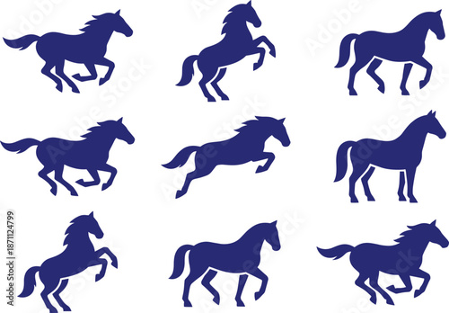 Horse silhouettes set, blue running and standing horses, animal motion poses, equestrian vector illustration