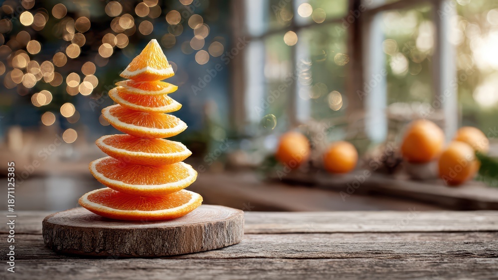 Obraz premium Christmas tree made of stacked oranges with starfruit topper