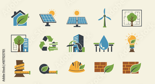 Collection of Eco-Friendly and Sustainable Energy Icons for Green Living and Construction.