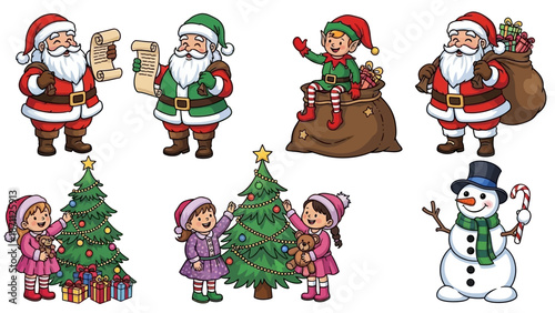 Christmas Characters and Scenes: Santa, Elves, Children Decorating Tree, Snowman