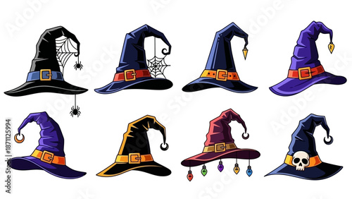 Collection of Eight Diverse Witch Hats for Halloween Decorations and Costumes