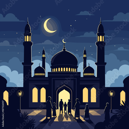 Serene mosque at night with crescent moon and stars shining brightly for taraweeh pray