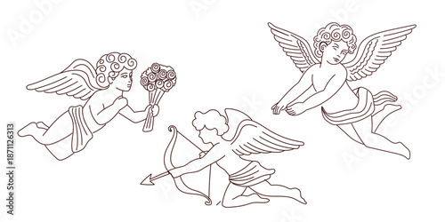 Line Art Cupid Angel Character. Hand Drawn Vintage Valentine's Day or Wedding Decoration. Antique Romantic Symbol. Whimsical Cherub with Wings.  Outline Contour Silhouette Cute Mascot Person.