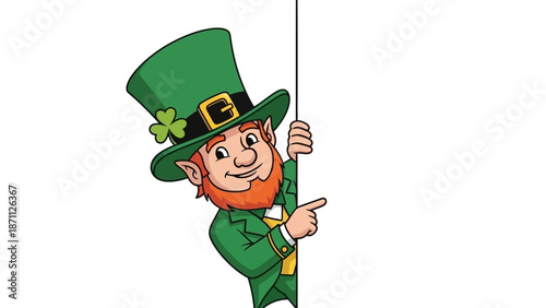 Leprechaun Peeking Around White Board Pointing Finger - St. Patrick's Day Illustration