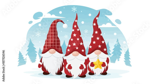 Three cute Christmas gnomes in red hats and white beards on snowy forest background