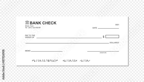 Blank bank check template on transparent background. Editable blank financial check template.