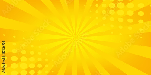 Abstract orange comic background. Art pop cartoon backdrop. Halftone effect pattern. Fun anime texture. Starburst manga style bg. Mark popart radial gradient. Spiral, swirl, comic rays.