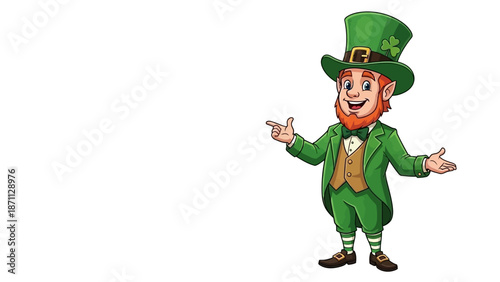 Cheerful Irish Leprechaun Character in Green Suit with Hat and Bowtie Gesturing