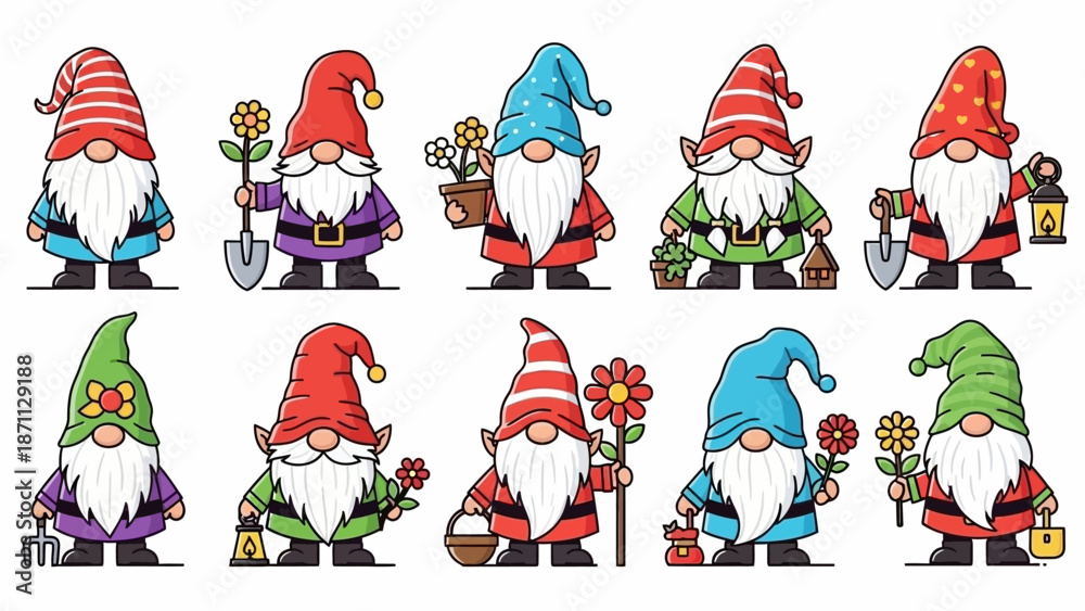 Fototapeta premium Cute Garden Gnomes with Flowers and Gardening Tools, Cartoon Characters Collection