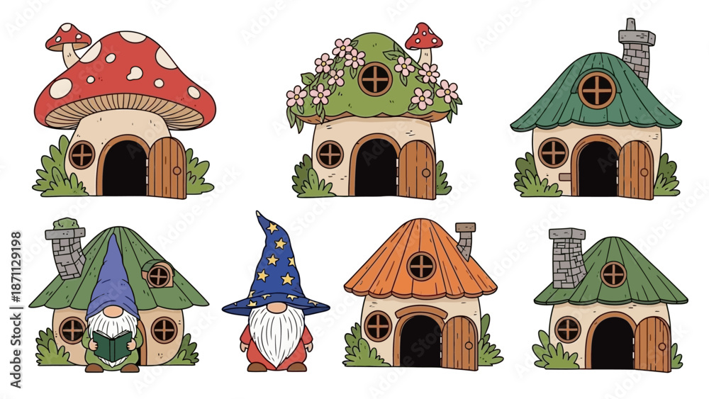 Obraz premium Cute Gnome Houses and Mushroom Homes Collection for Fantasy and Fairytale Designs