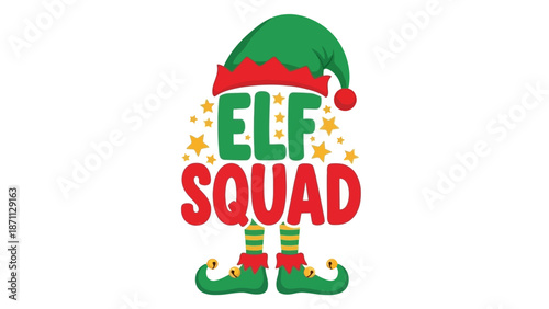 Cute Elf Squad Text with Festive Christmas Hat and Green Trousers