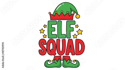 Cute Elf Squad Text with Christmas Hat and Festive Outfit Illustration
