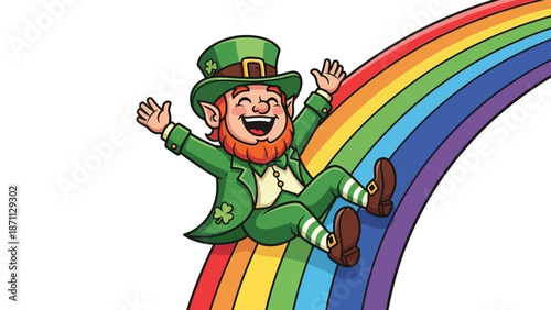 Happy Leprechaun Sliding Down a Vibrant Rainbow in a Cartoon Style