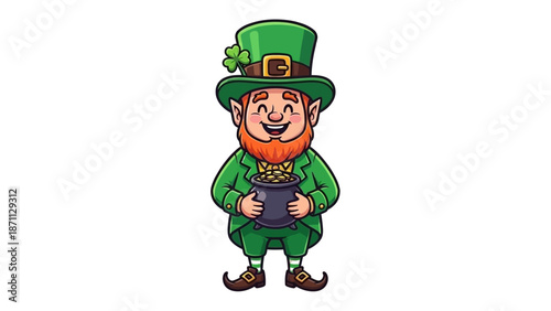 Happy Leprechaun Holding Pot of Gold Coins, St. Patrick's Day Cartoon Character