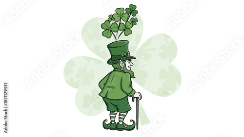 Leprechaun Character with Clover and Walking Stick, St. Patrick's Day Themed Illustration