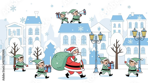 Santa Claus and Elves Delivering Gifts in Snowy Town with Christmas Decorations