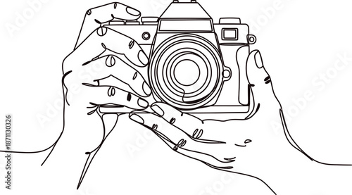Hands holding a DSLR camera point and shoot vector illustration. Photographer with camera, camera in hand. 