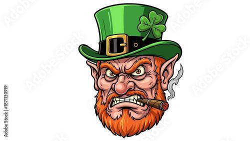 Angry Leprechaun Smoking Cigar Wearing Green Hat with Shamrock, St Patrick's Day Icon