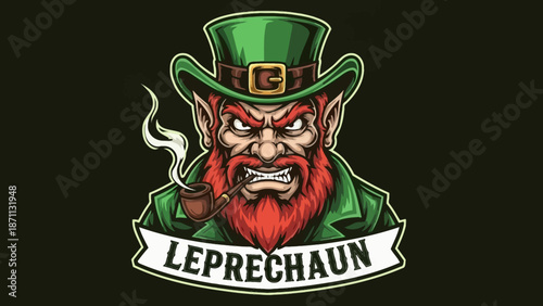 Angry Leprechaun Smoking Pipe with Hat and Beard, St. Patrick's Day Symbol
