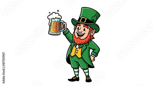 Cartoon Leprechaun Holding a Beer Mug Full of Foam and Bubbles