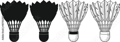 Badminton shuttlecock silhouettes and hand drawn line art set, feather shuttle variations, sports equipment design, black and white vector illustration