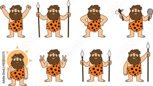 Cartoon caveman character set showing emotions tools poses, prehistoric stone age man illustrations for education, kids design and mascot art