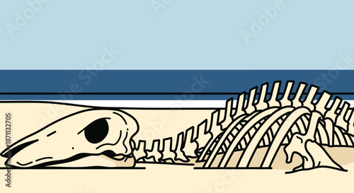 Ancient Dinosaur Skeleton Fossil Discovered in Sandy Prehistoric Landscape Illustration
